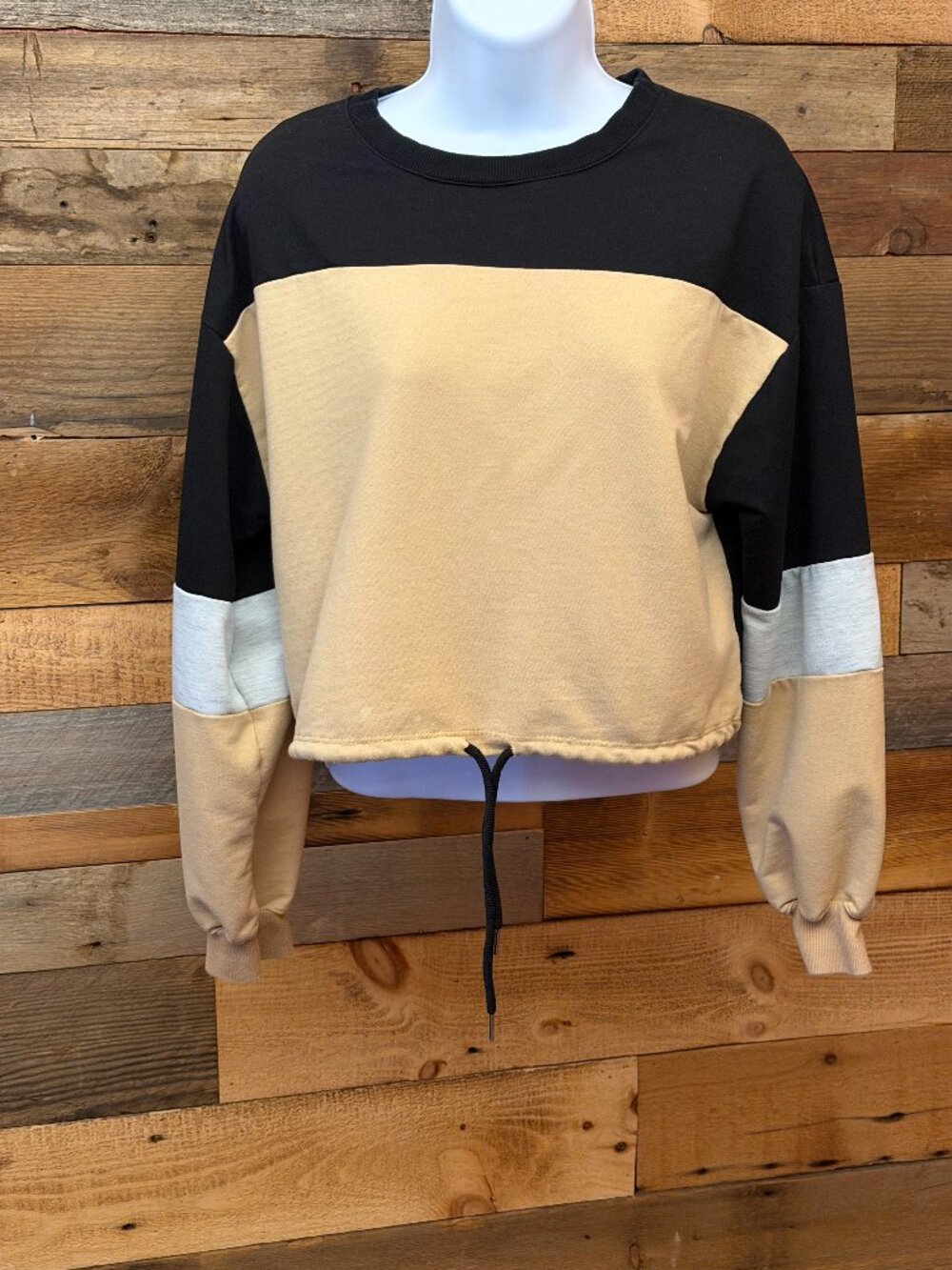 Angashion Cropped Sweatshrit Black/Tan/Gray Colorblock Drawstring Hem Women's M